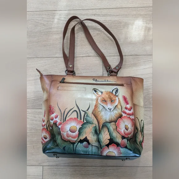Anuschka Unique Hand Painted Foxes and Flowers Large Leather Zip Toe Tote Bag - Picture 2 of 12
